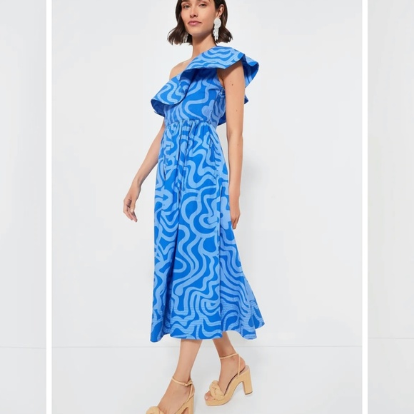 NWT Oliphant Blue Cotton Ashbury One Shoulder Ruffle midi dress M - Picture 2 of 14